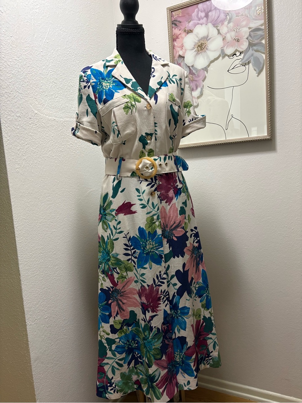 Tahari Cream Floral Button-Front Midi Dress with Belt